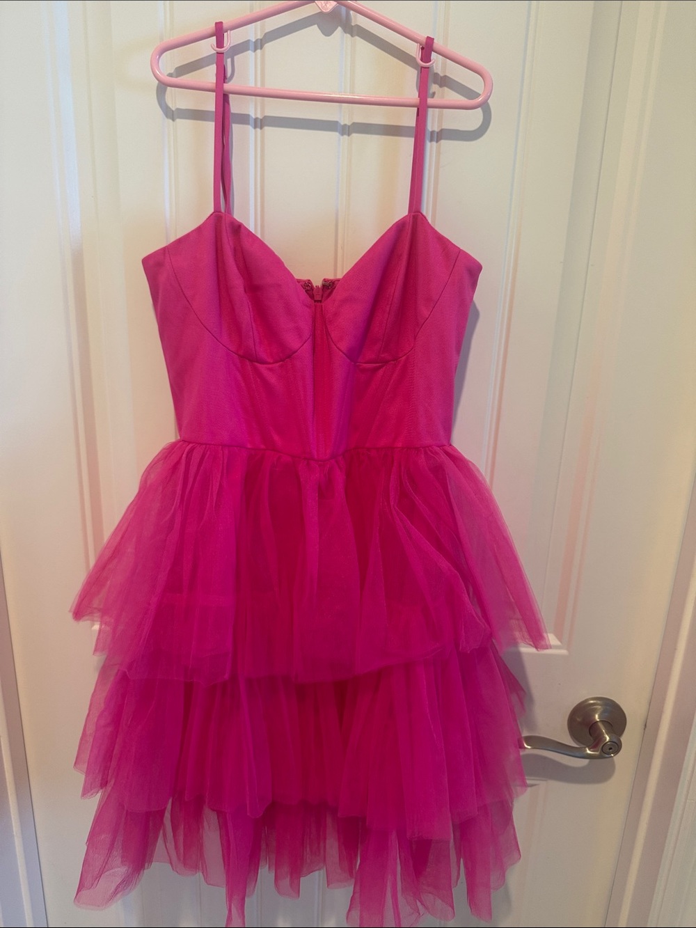 Lulu's Fuchsia Tiered Tulle Spaghetti Strap Dress